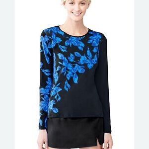 Lands’ End Women's Swim Tee Rash Guard Black Tossed Blossoms Long Sleeve Sz Med